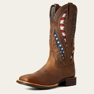 Ariat Brown Cowboy Boots with Red, White, and Blue Accents